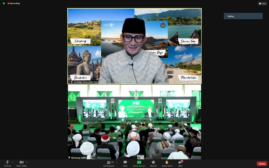 Menparekraf RI, Sandiaga Salahuddin Uno hadir secara virtual dalam acara Muktamar ke-1 Nahdlatul Wathan Diniyah Islamiyah (NWDI), Minggu (30/1/2022)
